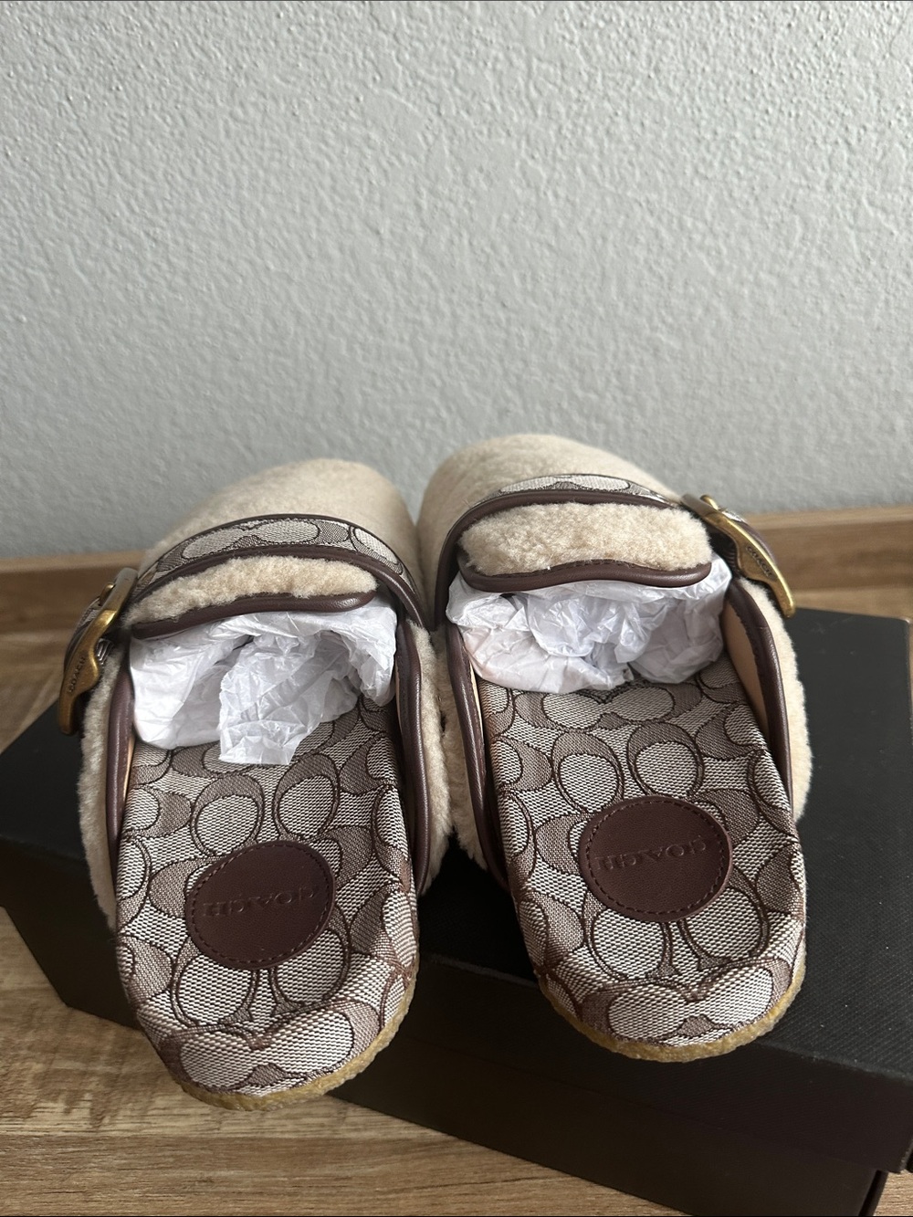 Coach Cream Shearling Clogs with Brown Signature Strap - Picture 4 of 6